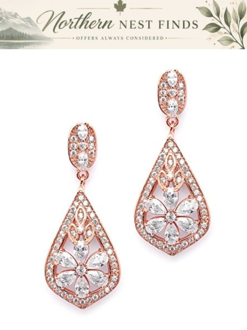 Art Deco Clip-On Dangle Earrings with Cubic Zirconia, Rose Gold Plated for